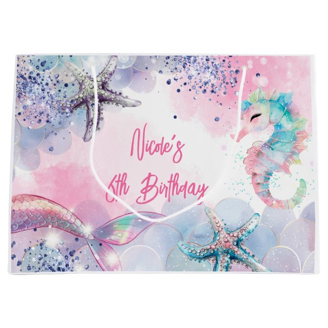 Sacola Para Presentes Grande Baça de aniversário de sereia magia submarina (Frente)