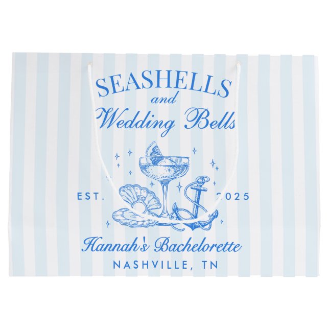 Sacola Para Presentes Grande Bachelorette Retro Blue Seashells & Wedls (Verso)