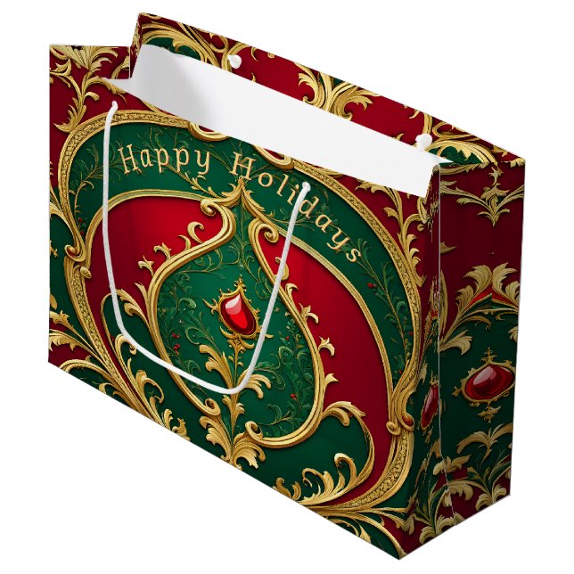 Sacola Para Presentes Grande Bag de presente de Natal Dourado Verde Vermelho (Frente inclinada)