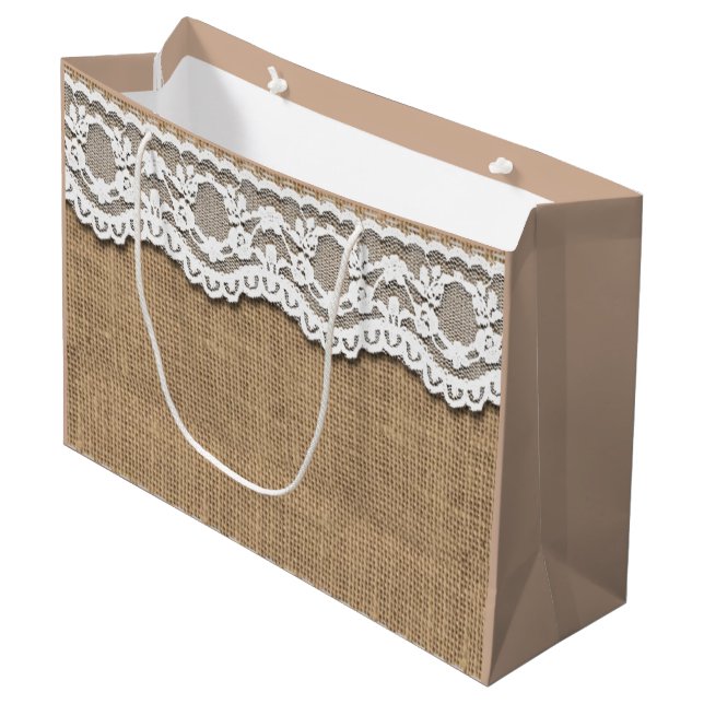 Sacola Para Presentes Grande Bag Rustic Burlap and Lace Paper (Frente inclinada)