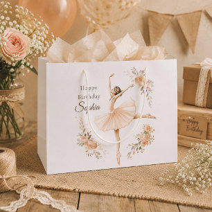 Sacola Para Presentes Grande Bailarina Personalizada Aniversário Bege Floral 