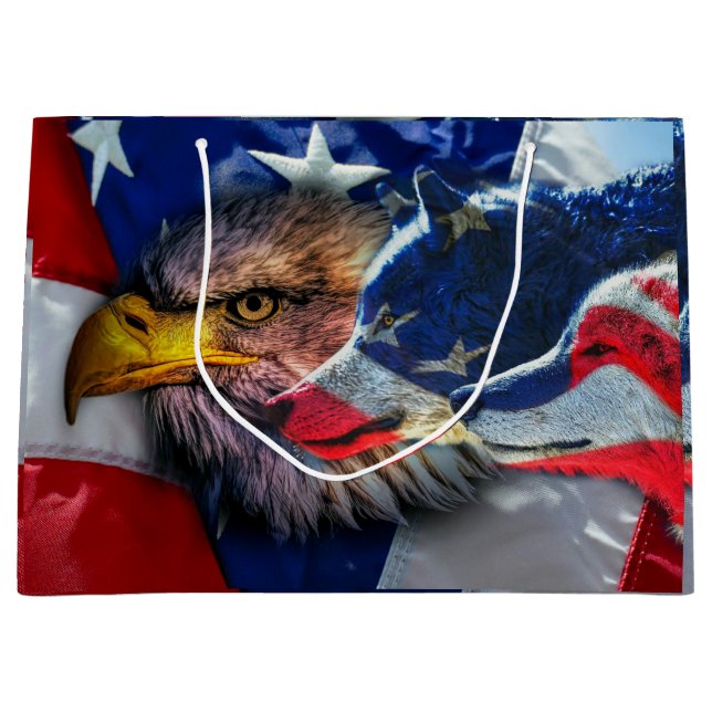 Sacola Para Presentes Grande Bald Eagle Wolf American Flag (Frente)