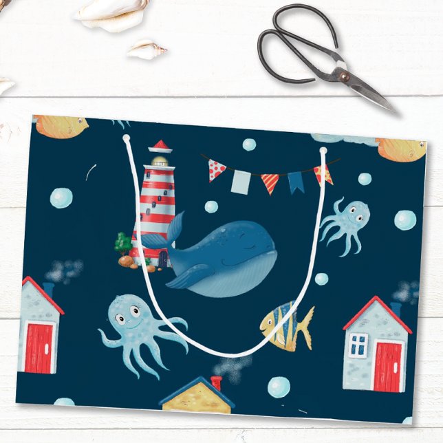 Sacola Para Presentes Grande Baleia marinho Azul (Whimsical Nautical Gift Bag)