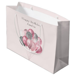 Sacola Para Presentes Grande Balões de brilho rosa e prata de aniversário