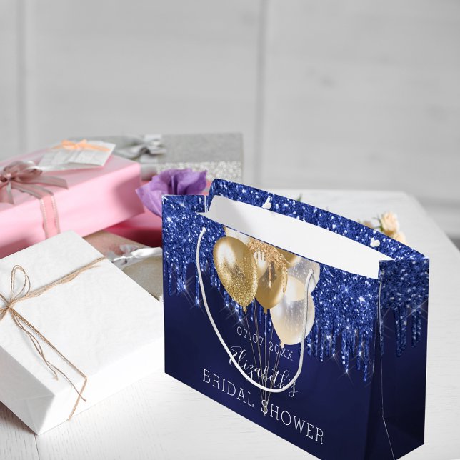 Sacola Para Presentes Grande Balões de gotejamento de ouro azul-marinho chá de  (Criador carregado)