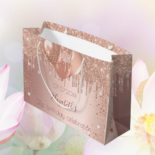 Sacola Para Presentes Grande Balões de ouro-rosa de-relva-de-aniversário