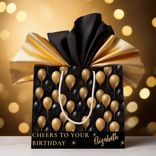 Sacola Para Presentes Grande Balões Dourados Negros de Brilho Aniversário Cheio (Elegant Black and Gold Faux Glitter Balloons Pattern A024 "Happy Birthday" [Name] Large Gift Bag)
