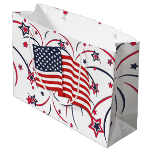 Sacola Para Presentes Grande Bandeira Americana e Fogos de Artifício