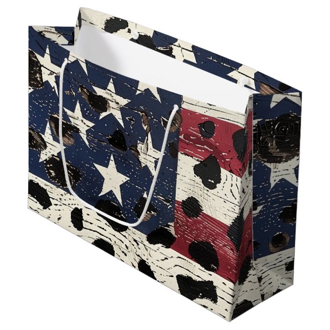 Sacola Para Presentes Grande Bandeira Americana Rústica com Estampa de Leopardo (Frente inclinada)