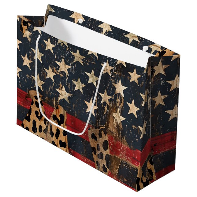 Sacola Para Presentes Grande Bandeira Americana Rústica com Estampa de Leopardo (Frente inclinada)