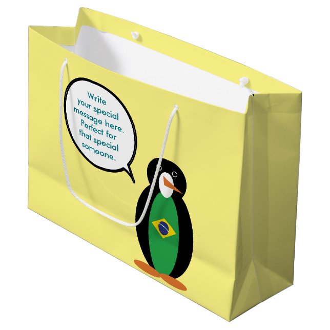 Sacola Para Presentes Grande Bandeira Brasileira Falando Sra. Penguin Personali (Frente inclinada)