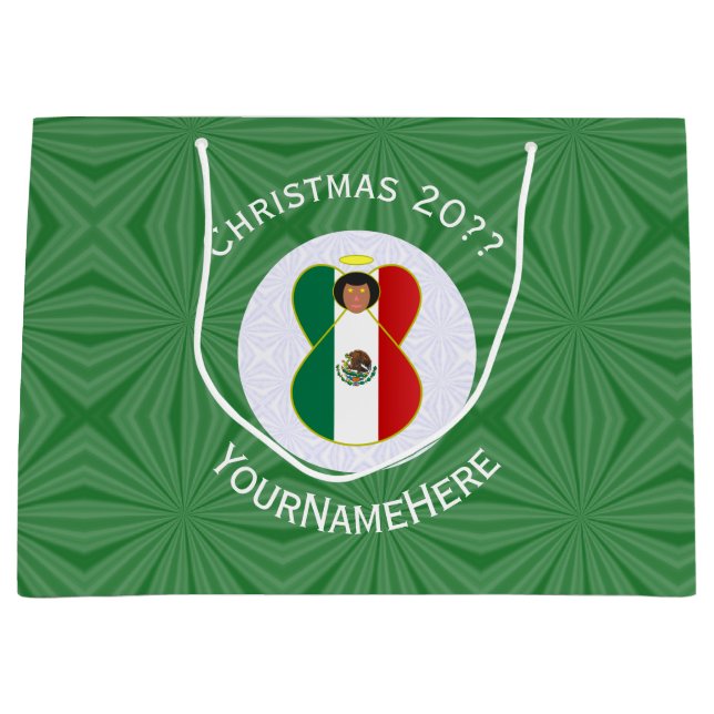 Sacola Para Presentes Grande Bandeira de Natal do Anjo Mexicano Personalizada (Frente)