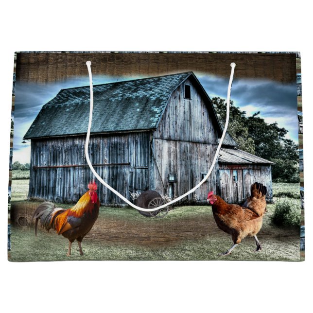 Sacola Para Presentes Grande Barn Rooster Hen Wagon Wheel Lumber Saw (Frente)