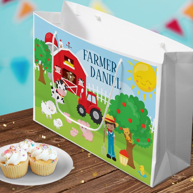 Sacola Para Presentes Grande Barragens de Cartoon, Animais, Agricultor e Trator (Criador carregado)