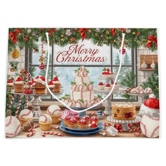 Sacola Para Presentes Grande Baseball com tema de Natal na Padaria (Frente)