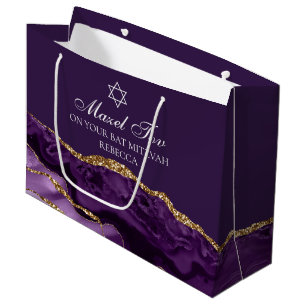 Sacola Para Presentes Grande Bat Personalizado Mitzvah Mazel Tov Roxo Dourado