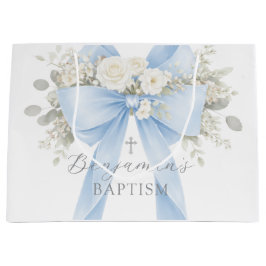 Sacola Para Presentes Grande Batismo de Bebê Menino com Laço Azul Eucalipto