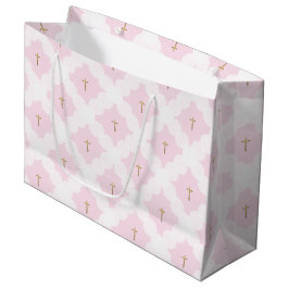 Sacola Para Presentes Grande Batismo elegante branco-cor-de-rosa em forma de cr