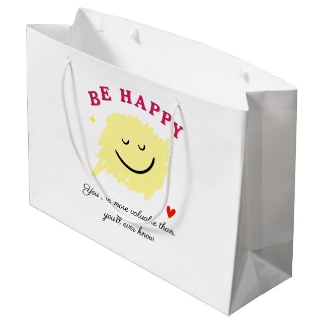 Sacola Para Presentes Grande Be Happy – Motivational Gift Bag | Uplifting Quote (Verso inclinado)