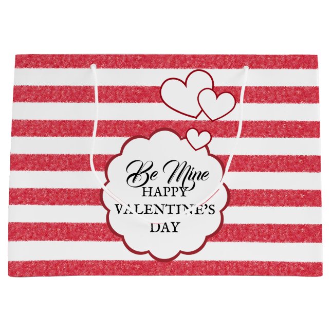 Sacola Para Presentes Grande Be Mine Happy Valentine's Day Heart Chalk Stripes (Frente)