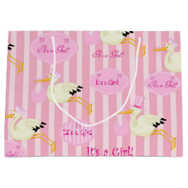 Sacola Para Presentes Grande Bebê cegonha Rosa Stripes