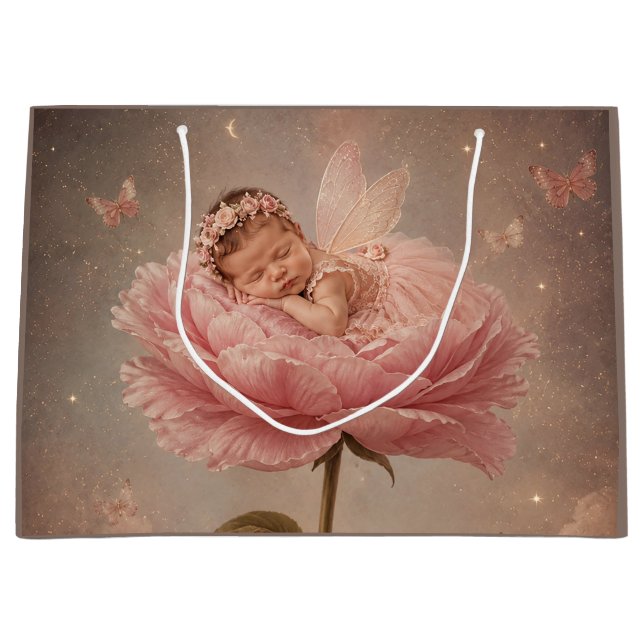 Sacola Para Presentes Grande Bebê dormindo flor rosa (Frente)