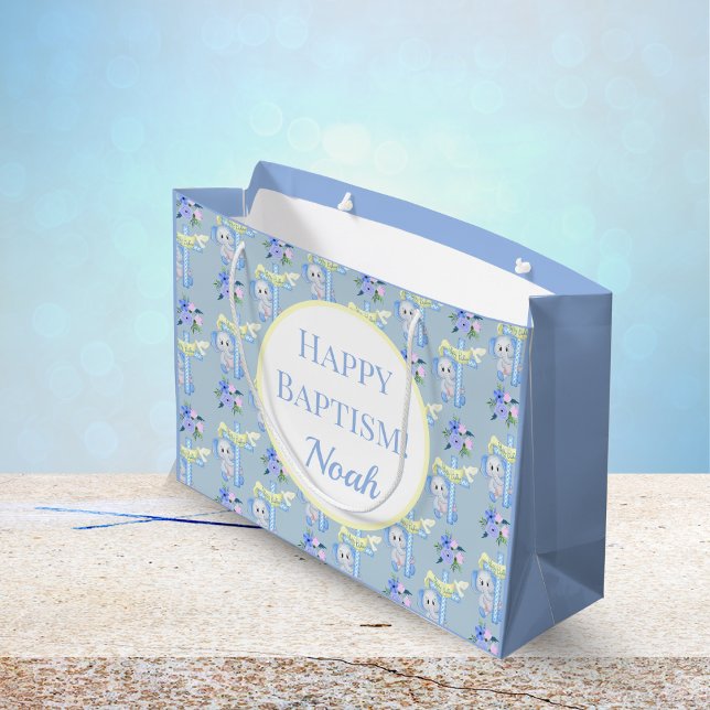 Sacola Para Presentes Grande Bebê Elefante Com Batismo Feliz Da Cruz (Criador carregado)