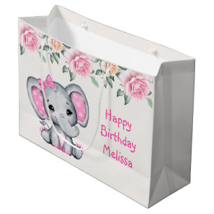 Sacola Para Presentes Grande Bebê-Elefante Rosa-Gelado e Fronteira de Rosas - A