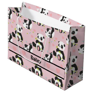 Sacola Para Presentes Grande Bebê Panda Bear Corações Rosa Personalizado