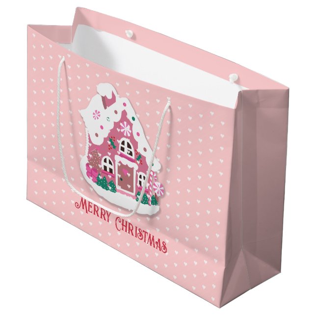 Sacola Para Presentes Grande Bela Natal Pink Pink Snowy Gingermore House (Frente inclinada)