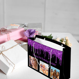 Sacola Para Presentes Grande Bela púrpura de aniversário goteja monograma pre