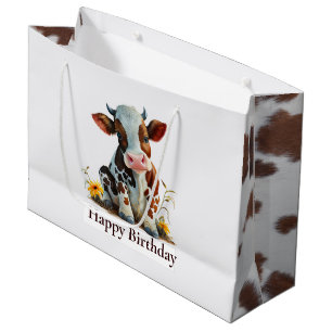 Sacola Para Presentes Grande Bela Vaca Feliz Aniversário Branco