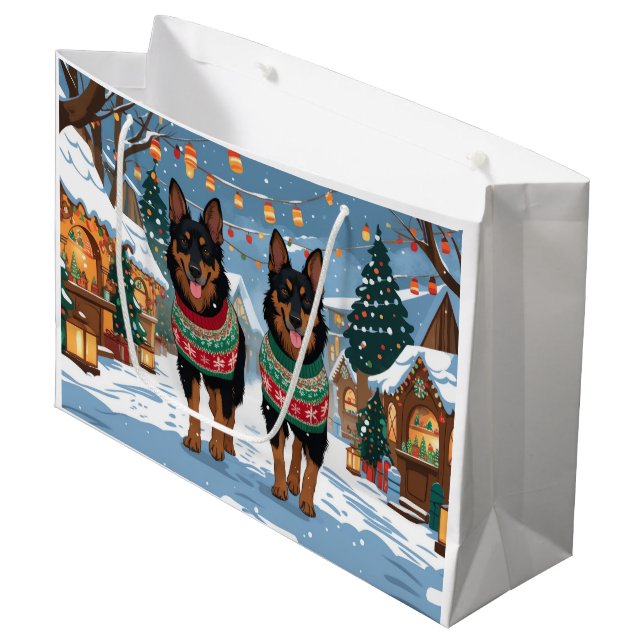 Sacola Para Presentes Grande Belgian Malinois Dogs Christmas Snow Holiday  (Frente inclinada)
