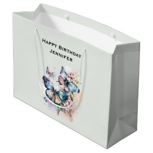 Sacola Para Presentes Grande Belo Aniversário de Borboletas e Flores