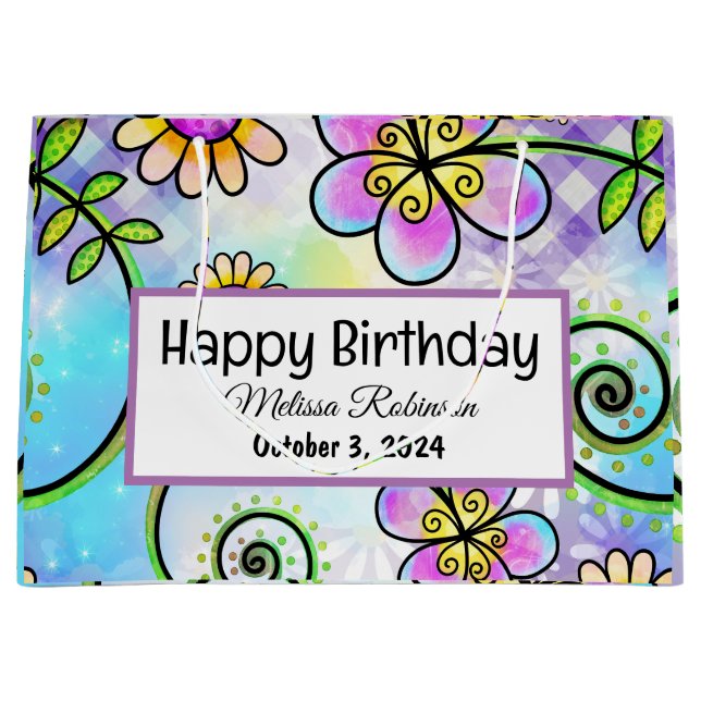 Sacola Para Presentes Grande Belo Aniversário Floral (Frente)