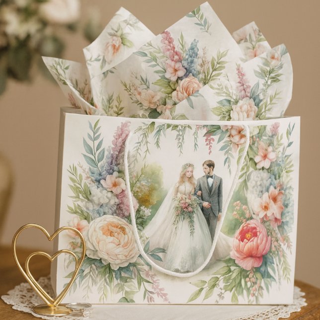 Sacola Para Presentes Grande Belo Casamento Floral com Noiva Groom Gift Bag (Criador carregado)