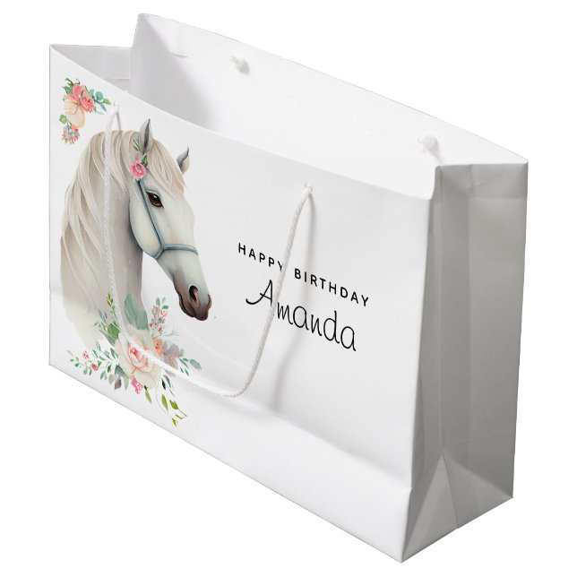 Sacola Para Presentes Grande Belo Cavalo Branco Boho Floral Aniversário (Frente inclinada)