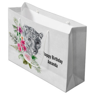 Sacola Para Presentes Grande Belo Leopardo Cabeça em Aquarela Aniversário