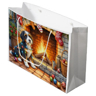 Sacola Para Presentes Grande Bernedoodle Lareira com Luzes de Natal
