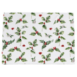 Sacola Para Presentes Grande Berries vermelhos de aquarela, Mistletoe Folhas Ho