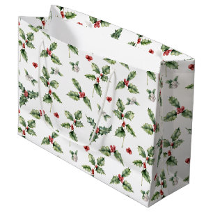 Sacola Para Presentes Grande Berries vermelhos de aquarela, Mistletoe Folhas Ho