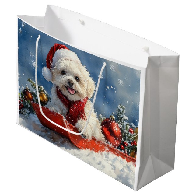 Sacola Para Presentes Grande Bichon Frise Dog Sledge Deixe-o nevar no Natal (Frente inclinada)