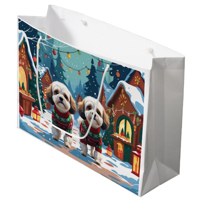 Sacola Para Presentes Grande Bichon Frise Dogs Christmas Snow Holiday (Frente inclinada)