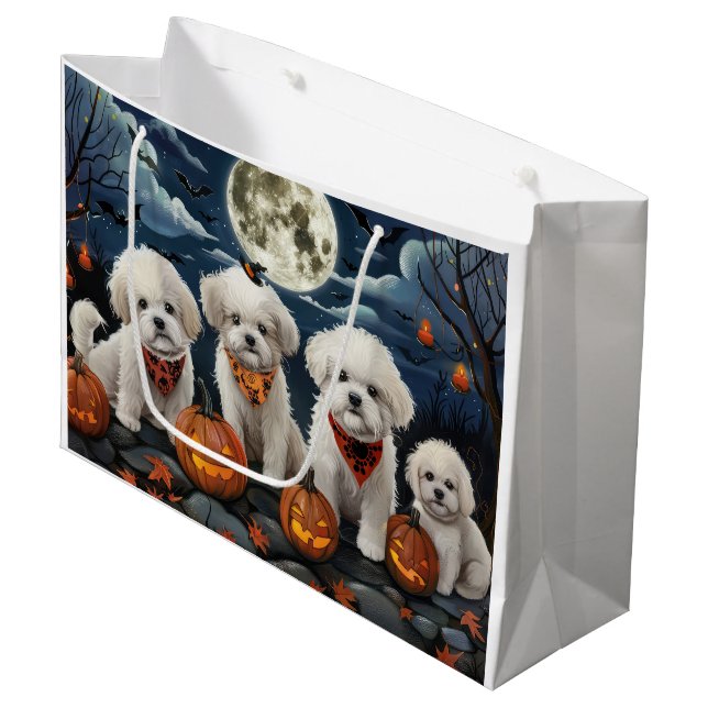 Sacola Para Presentes Grande Bichon Frise Halloween Spooky (Frente inclinada)