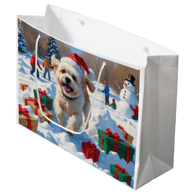 Sacola Para Presentes Grande Bichon Frise Natal Cena de Neve Festiva (Frente inclinada)