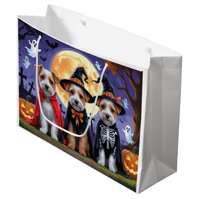 Sacola Para Presentes Grande Biewer Terrier Dogs Pumpkin Halloween Engraçado (Frente inclinada)