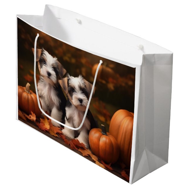 Sacola Para Presentes Grande Biewer Terrier Puppy Autumn Delight Pumpkin (Frente inclinada)