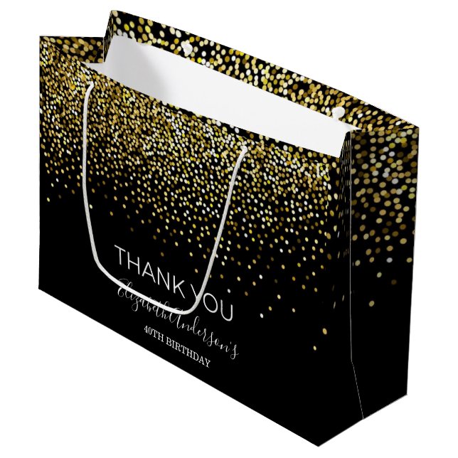 Sacola Para Presentes Grande Birthday Black Gold Glitter Glamorous Thank You (Frente inclinada)