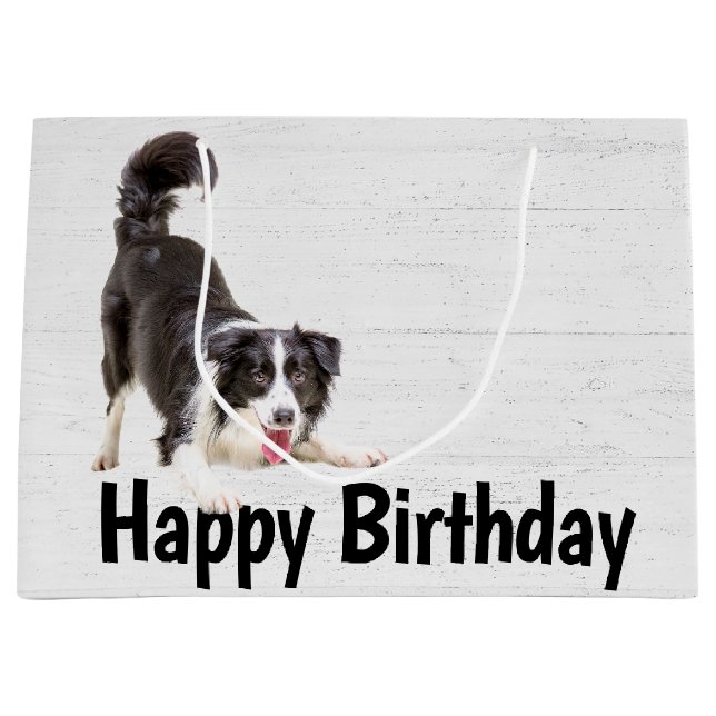 Sacola Para Presentes Grande Birthday Border Collie on Wood (Frente)