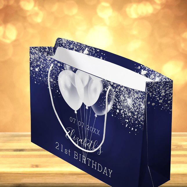Sacola Para Presentes Grande Birthday navy blue white glitter sparkles balloons (Criador carregado)